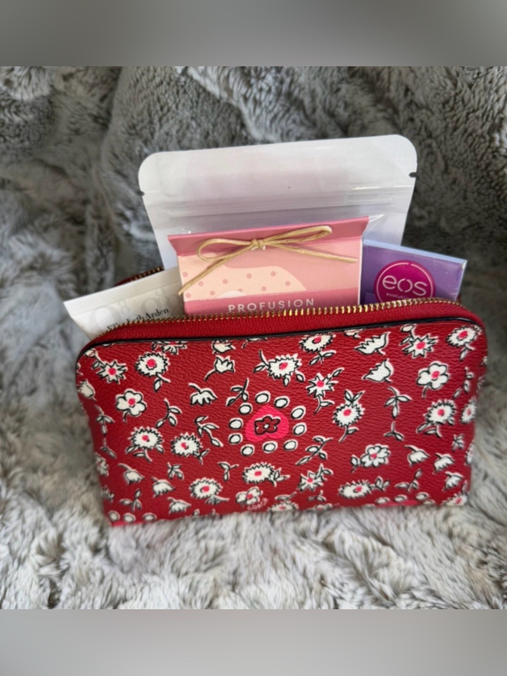 Coach Red Floral Small Cosmetic Pouch w/ Beauty Items